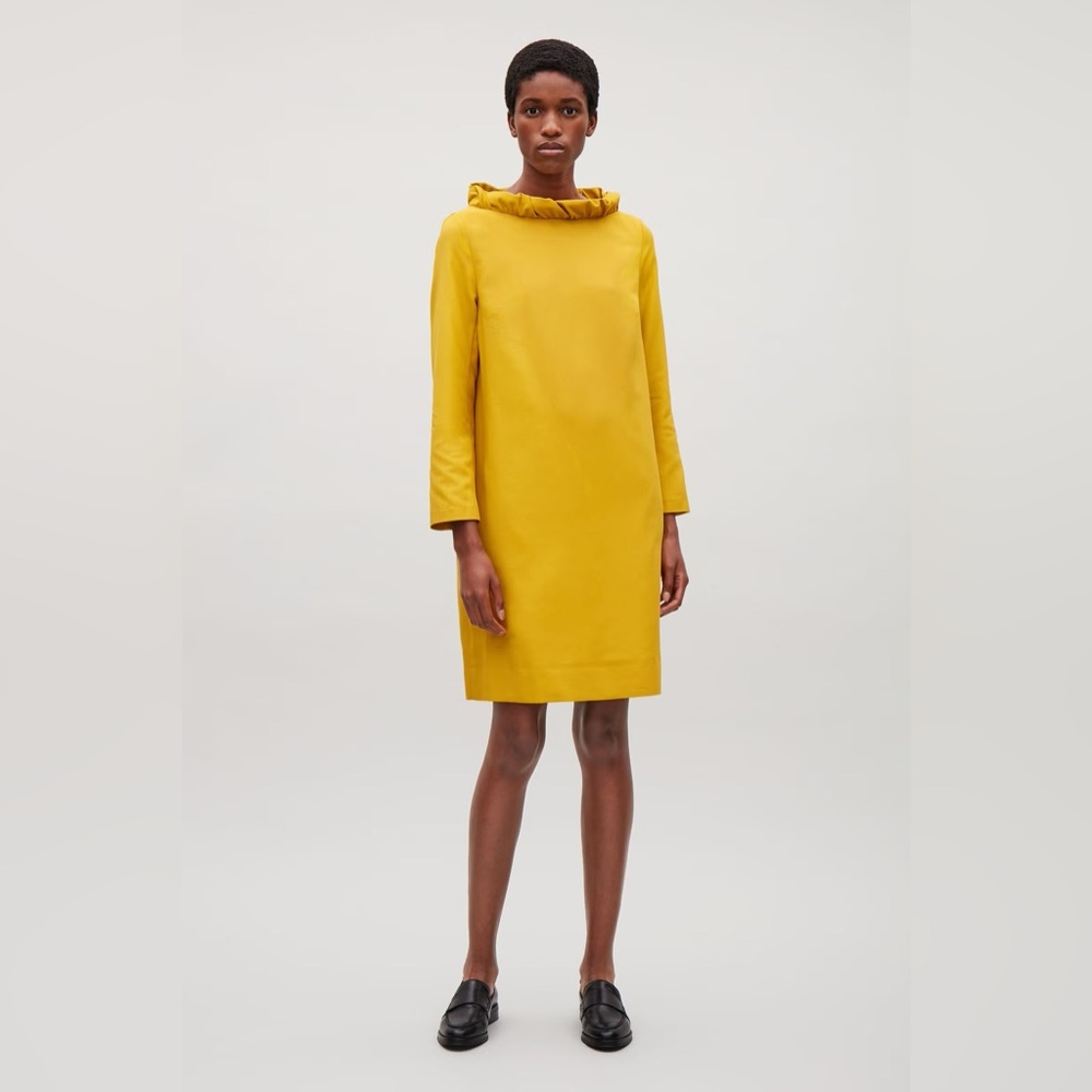 COS Frill-Neck Long Sleeve Dress Mustard Yellow Size 4 Contemporary Modern